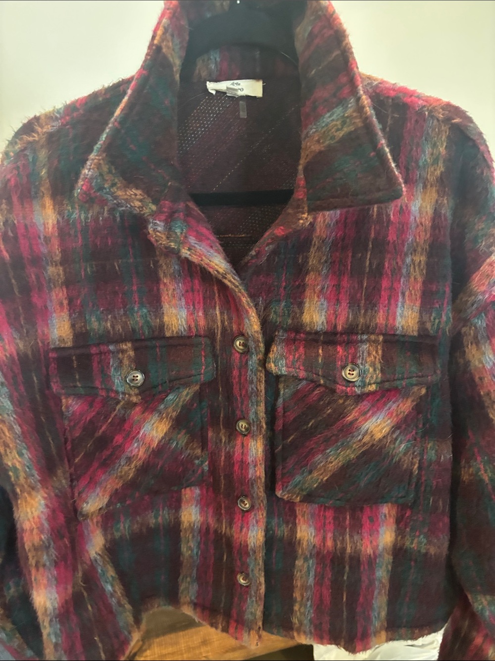 entro Multicolor Plaid Teddy Jacket in Pink, Green and Gold Tones